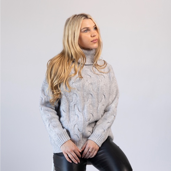 MERINO WOOL GREY SWEATER, knit women turtleneck cashmere pullover